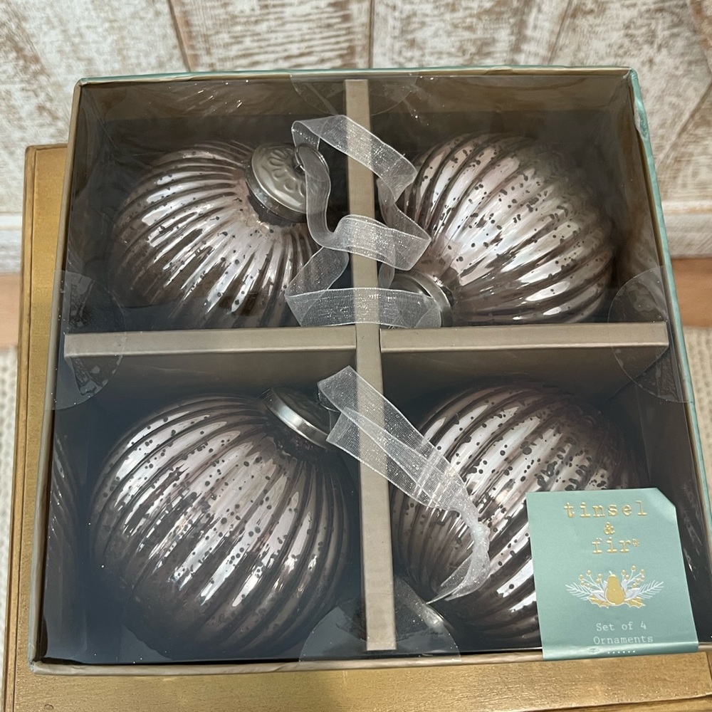 Tinsel & Fir Set of 4 Silver Holiday Ornaments - New in Original Box